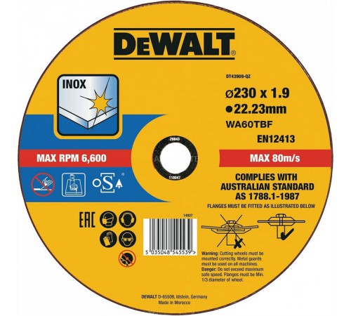 Коло відрізне INOX по металу 230х1.9х22.23 мм DeWALT DT43909